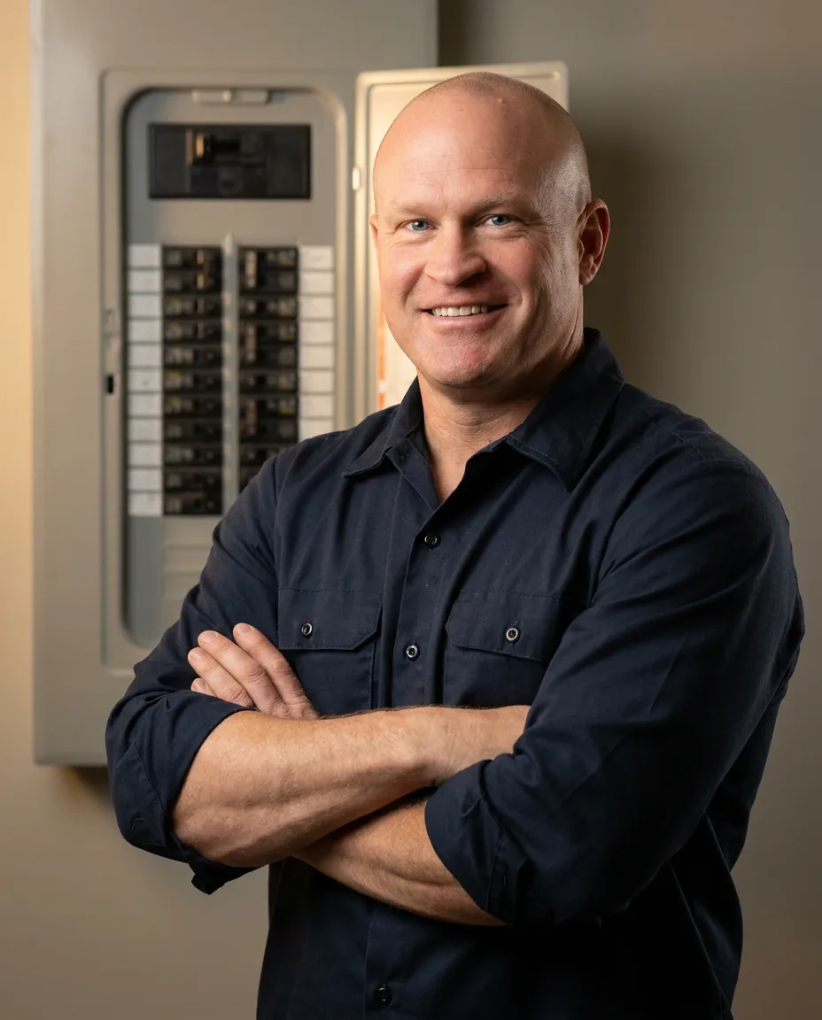 Doug Wymer, owner of Action Electrical Services, standing in front of a residential breaker panel