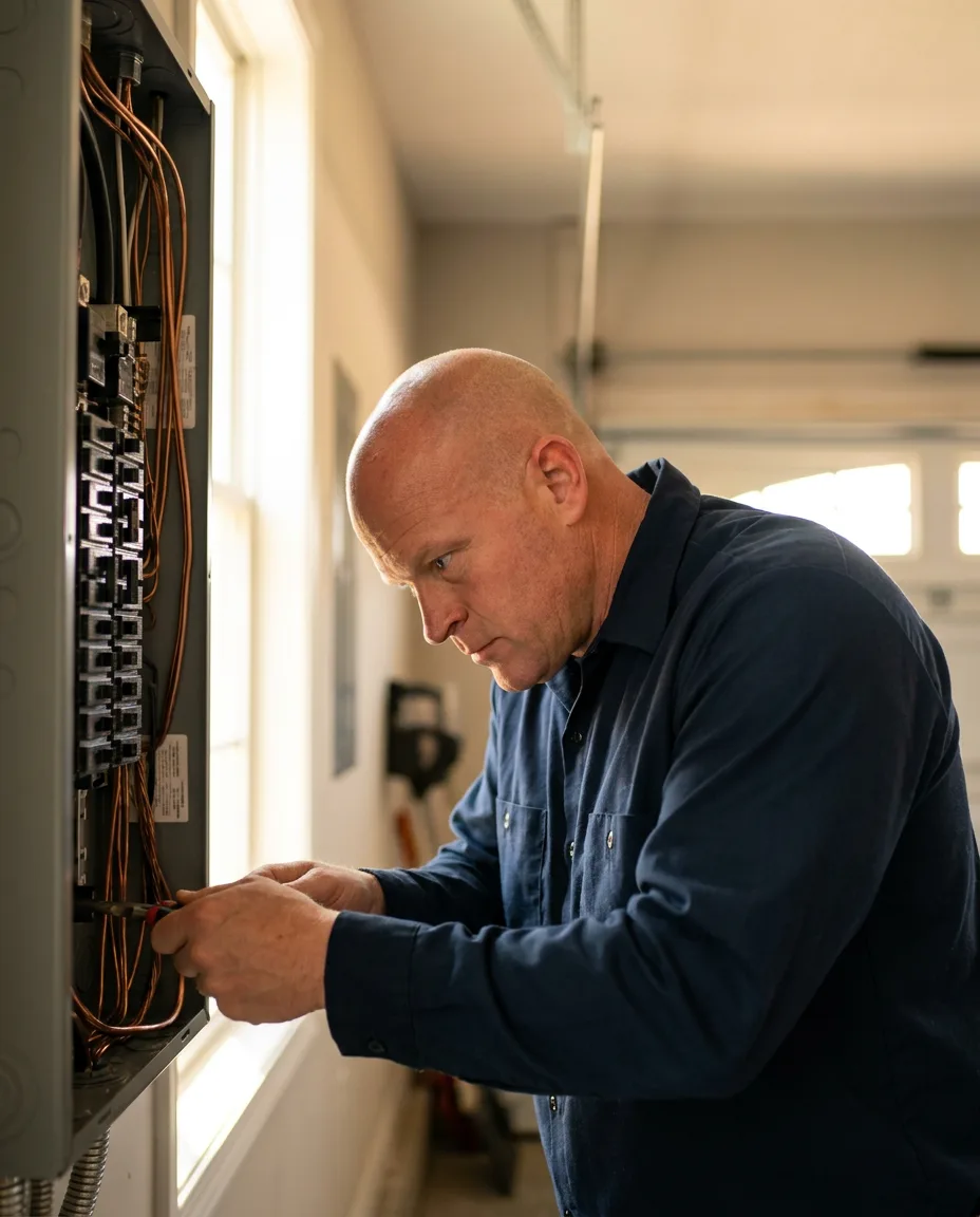 Doug Wymer of Action Electrical Services concentrating on a residential breaker panel